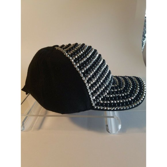 Embellished Jeweled Baseball Hat Cap Black/Silver stripes adjustable strapback - Picture 7 of 9